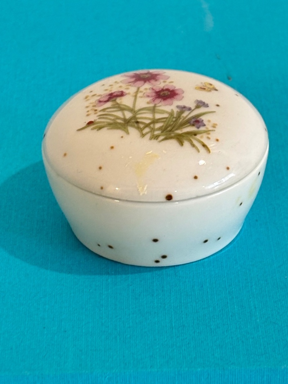 Vintage porcelain trinket box, round mini dish with delicate floral painted lid